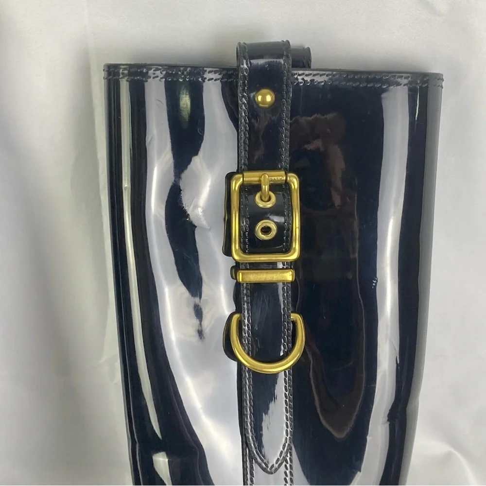 Coach Tasha Signature Gold Buckle Rain Boots Size 7 Patent Black Tall EUC - Picture 3 of 12